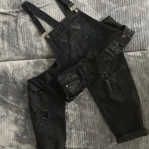 Distressed Black Denim Overalls